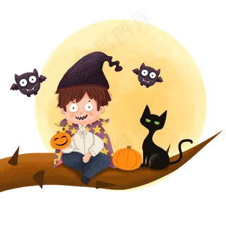 万圣节男巫和黑猫坐在树上,免抠元素