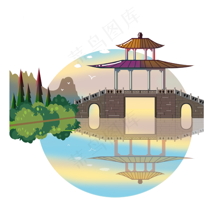 装饰风景节气中国风塔建筑桥山水,免抠元素(3500X3500(DPI:300))psd模版下载