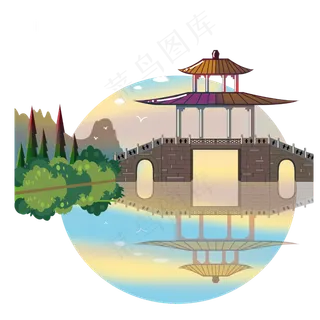 装饰风景节气中国风塔建筑桥山水,免抠元素