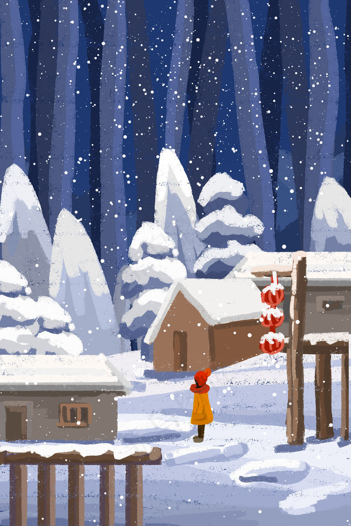 冬季雪景村庄手绘(3545X5315(DPI:300))psd模版下载