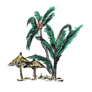 夏天新鲜椰子水墨手绘