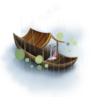 中国风雨天荷塘坐船游湖的古人,免抠元素