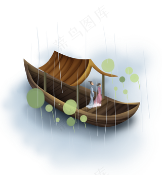 中国风雨天荷塘坐船游湖的古人,免抠元素