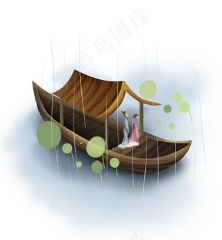 中国风雨天荷塘坐船游湖的古人,免抠元素