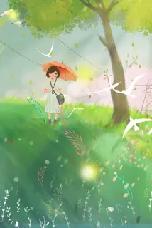 夏景少女与花春天场景通用唯美治愈清新手绘