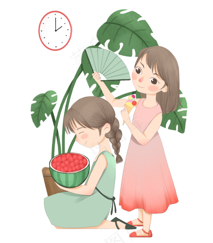 夏季乘凉吃瓜女孩(2645X3020(DPI:300))psd模版下载