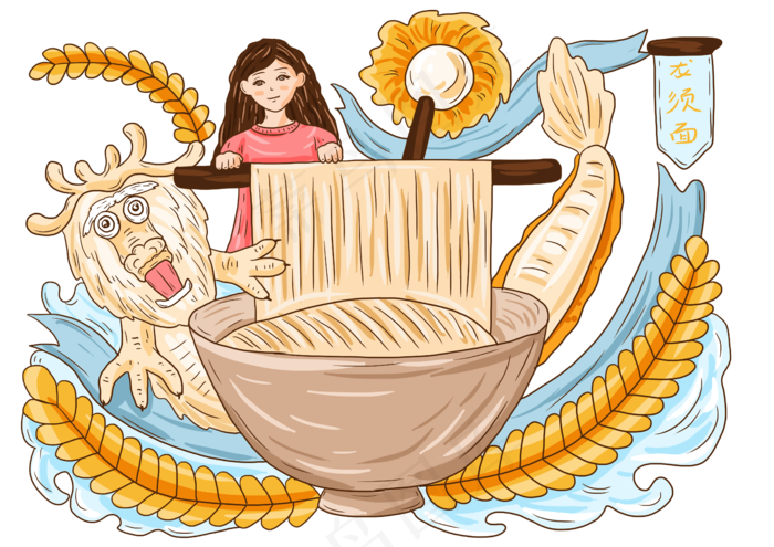 手绘卡通龙须面龙抬头龙吃面小女,免抠元素