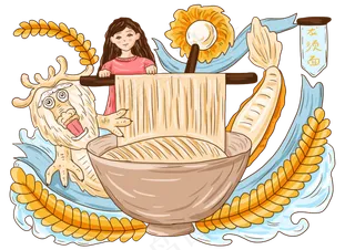 手绘卡通龙须面龙抬头龙吃面小女,免抠元素