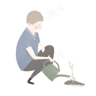 植树节给树苗浇水的男孩