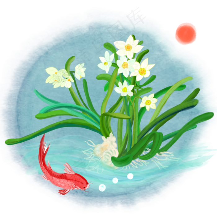 中国风水墨水彩工笔水仙花鲤鱼手(2000X2000(DPI:300))psd模版下载