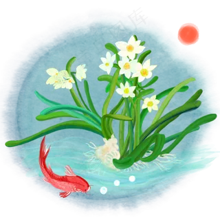 中国风水墨水彩工笔水仙花鲤鱼手