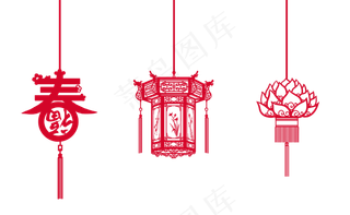 新春剪纸红宫灯荷花灯,免抠元素