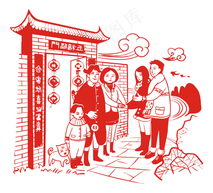 红色喜庆拜年矢量图,免抠元素(6357*5758px 300 dpi )ai矢量模版下载
