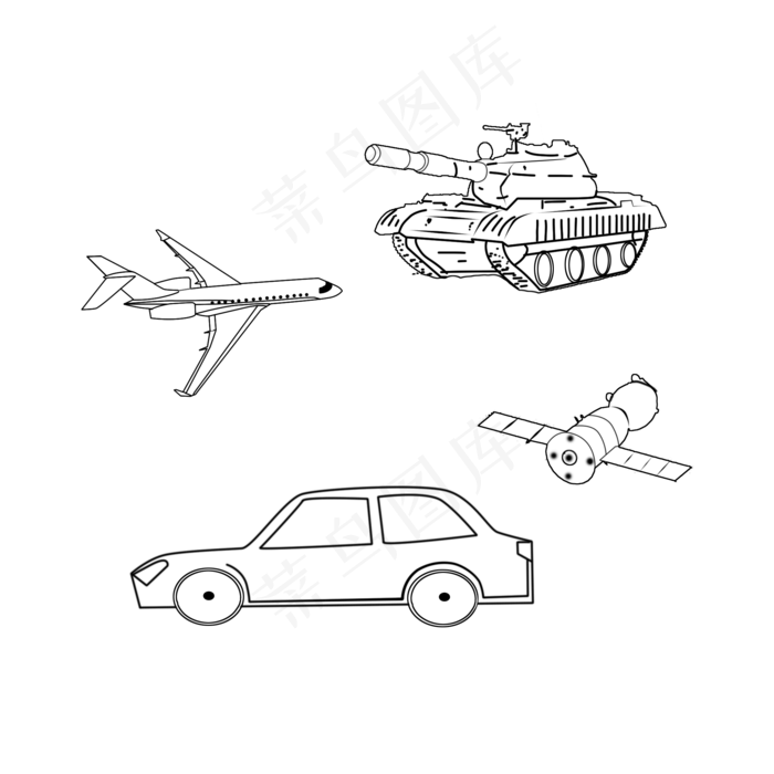 黑笔线条飞机坦克卫星汽车png,免抠元素(2000*2000px 300 dpi )psd模版下载