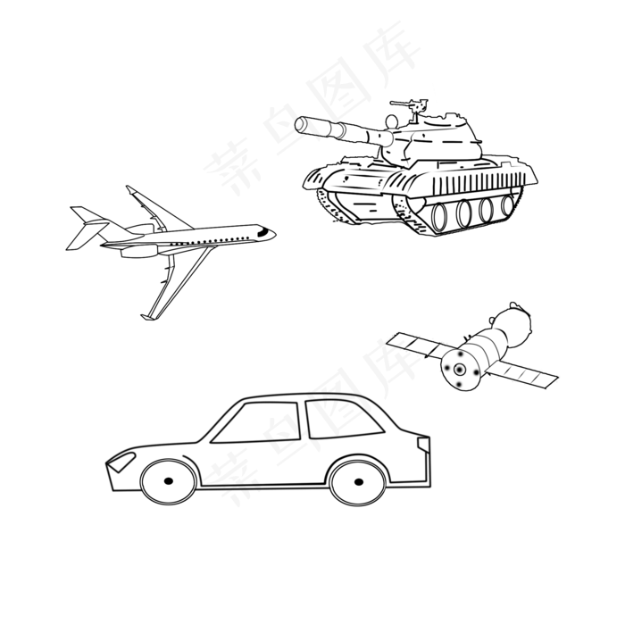 黑笔线条飞机坦克卫星汽车png,免抠元素(2000*2000px 300 dpi )psd模版下载