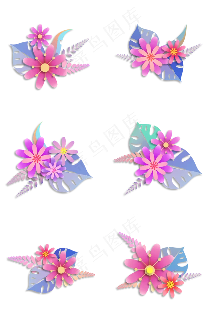 彩色立体剪纸小花,免抠元素