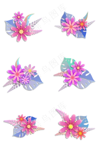 彩色立体剪纸小花,免抠元素