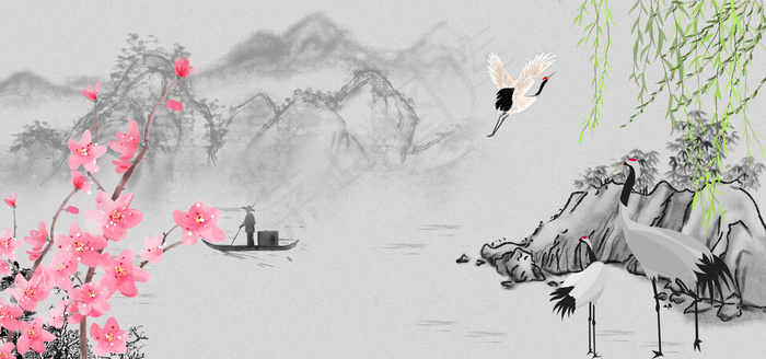 桃花仙鹤中国风白色banner背景