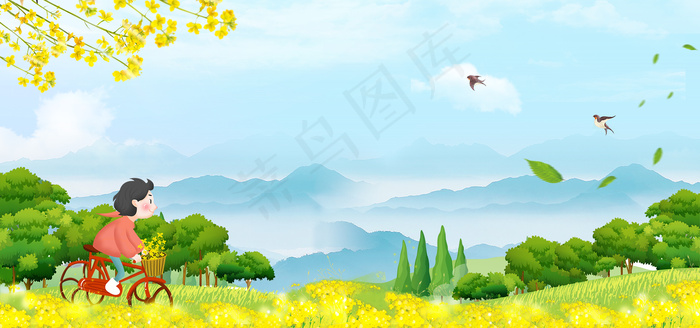 春季春天骑车踏青郊游油菜花海报背景图片素材