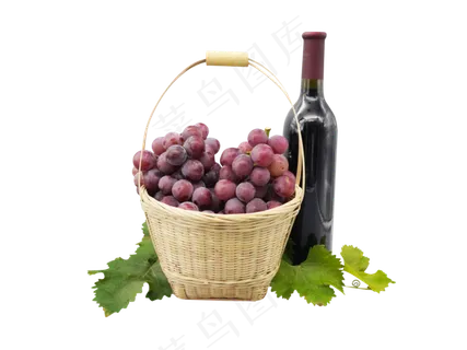 果篮装葡萄和葡萄酒