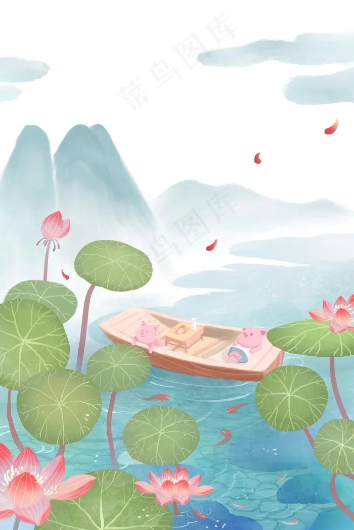 立夏小猪荷花池垂钓(3545X5315(DPI:300))psd模版下载
