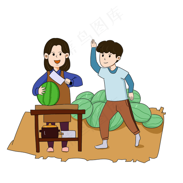 夏天吃冰镇大西瓜解渴手绘插画