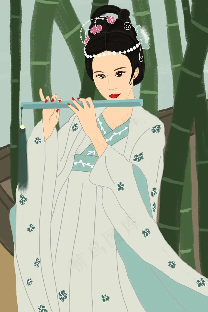 国潮中式风格服饰之汉服古装女子吹箫竹林(3545X5315(DPI:300))psd模版下载