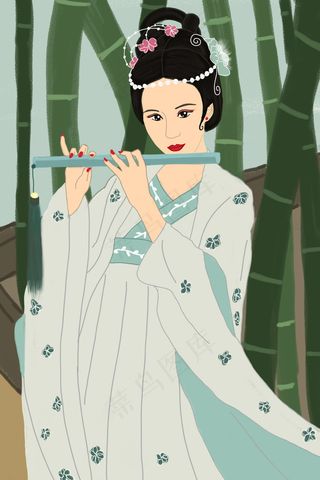 国潮中式风格服饰之汉服古装女子吹箫竹林
