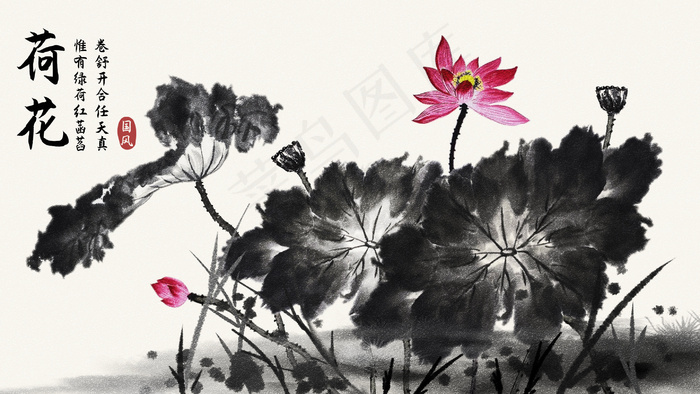 荷花夏天时节夏季治愈系国风插画