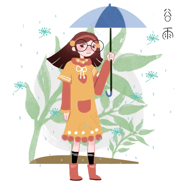 谷雨打伞的小女孩(2000X2000(DPI:300))psd模版下载