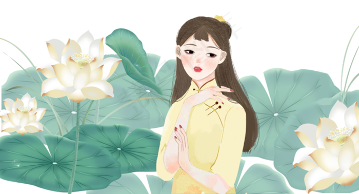 手绘卡通荷花里的古典美人