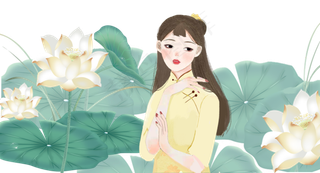 手绘卡通荷花里的古典美人