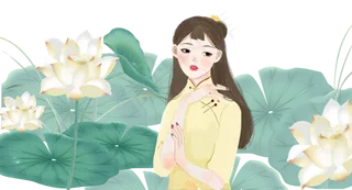 手绘卡通荷花里的古典美人