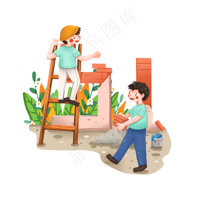 砌五一造型砖的工人