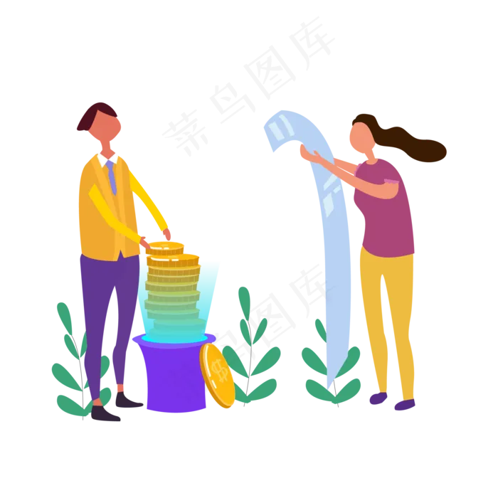 看账单的女孩和拿金币的男孩,免抠元素(2000*2000px 300 dpi )ai矢量模版下载
