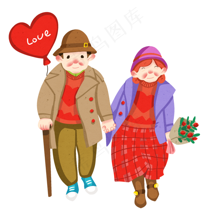 情人节牵手的老人插画