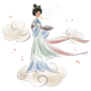 水墨云彩上的仙女,免抠元素