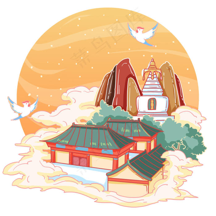 寺庙北京白塔寺国画风,免抠元素(2000*2000px 300 dpi )psd模版下载