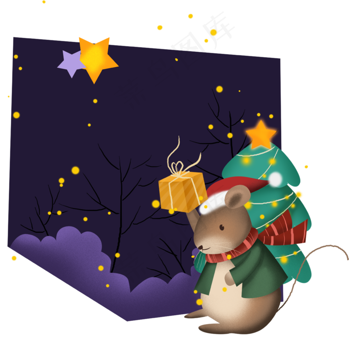 圣诞节紫色土拨鼠圣诞贺卡,免抠元素