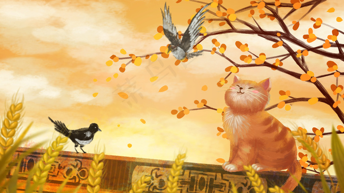 立秋秋风秋天秋季黄色丰收猫与喜鹊(2880*1620px 300 dpi )