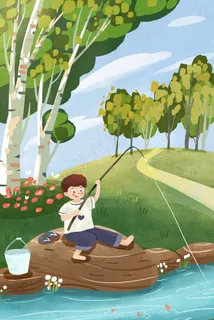 小男孩春游在河边钓鱼小清新 小男孩春游在河边钓鱼小清新