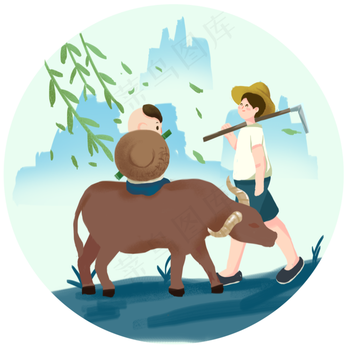 牧童水牛山水蓝色