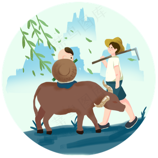 牧童水牛山水蓝色