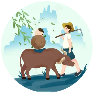 牧童水牛山水蓝色