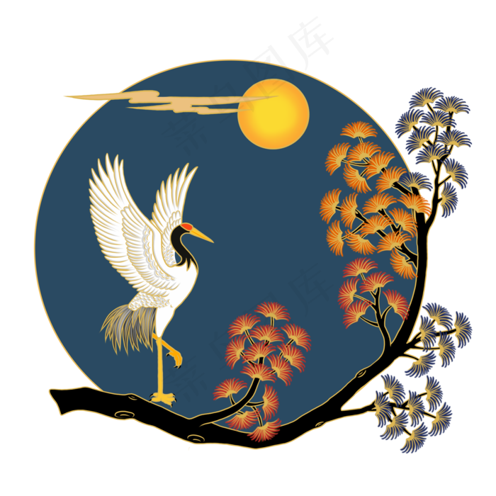 国潮风松枝仙鹤