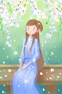 唯美卡通清新春季3月你好少女赏花樱花配图