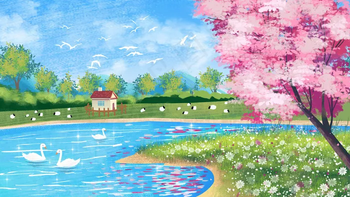 樱花山水场景小清新治愈系(2880*1620px 300 dpi )psd模版下载