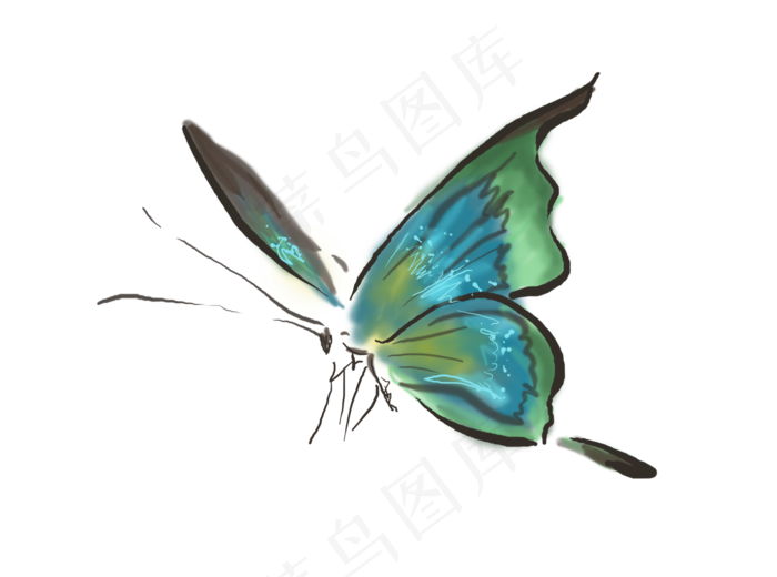 手绘水墨绿色蝴蝶,免抠元素