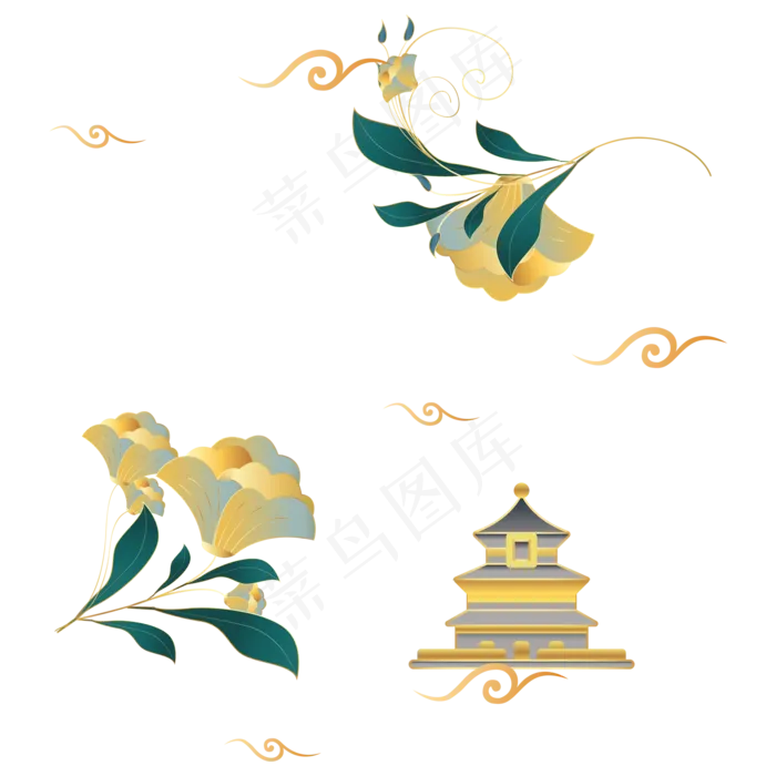 中国风绿金花朵亭子(2480X1958(DPI:300))ai矢量模版下载