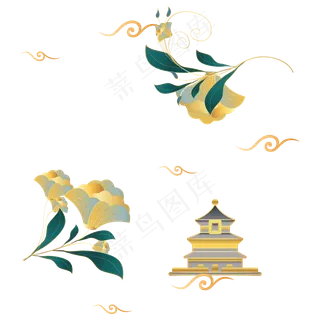 中国风绿金花朵亭子